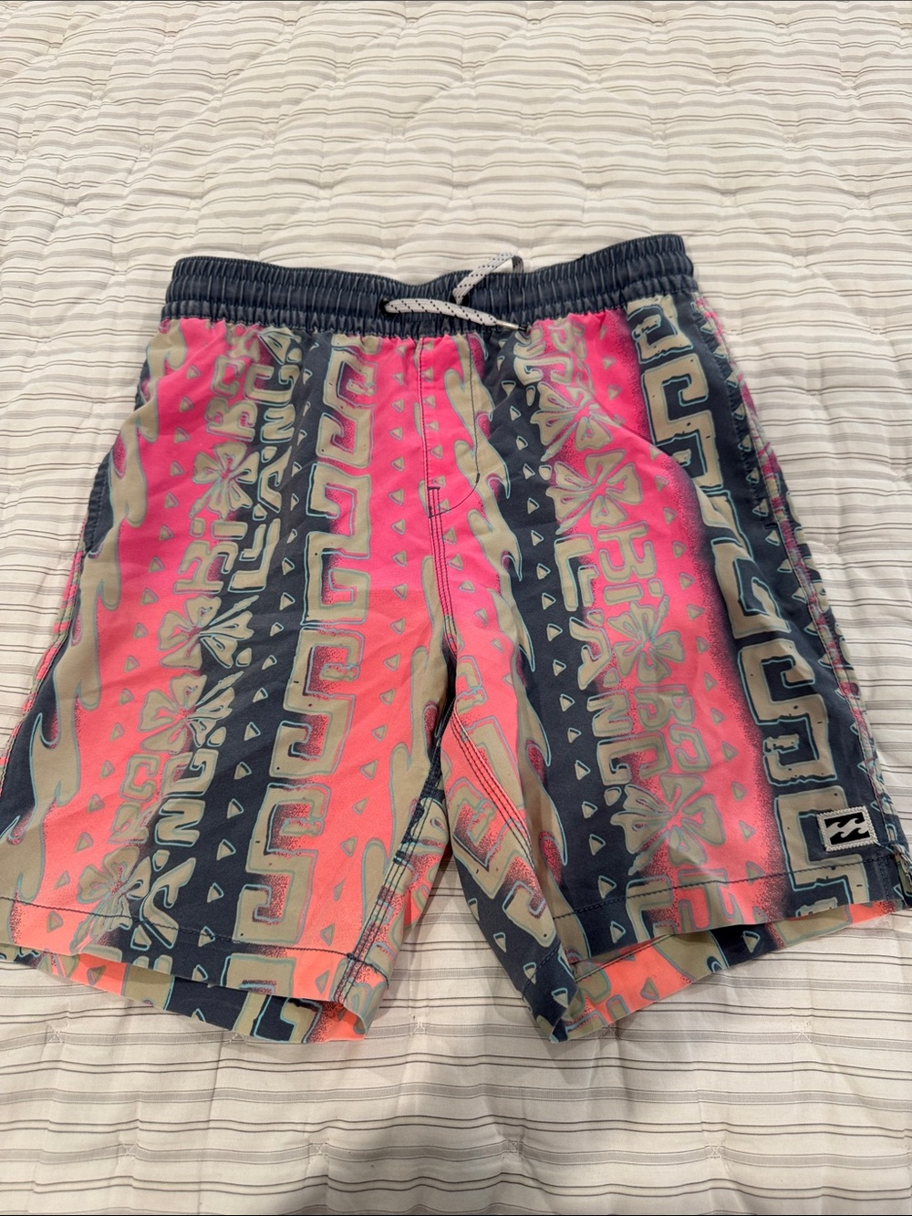 Billabong Coral Pink and Navy Tribal Print Kids Swim Trunks
